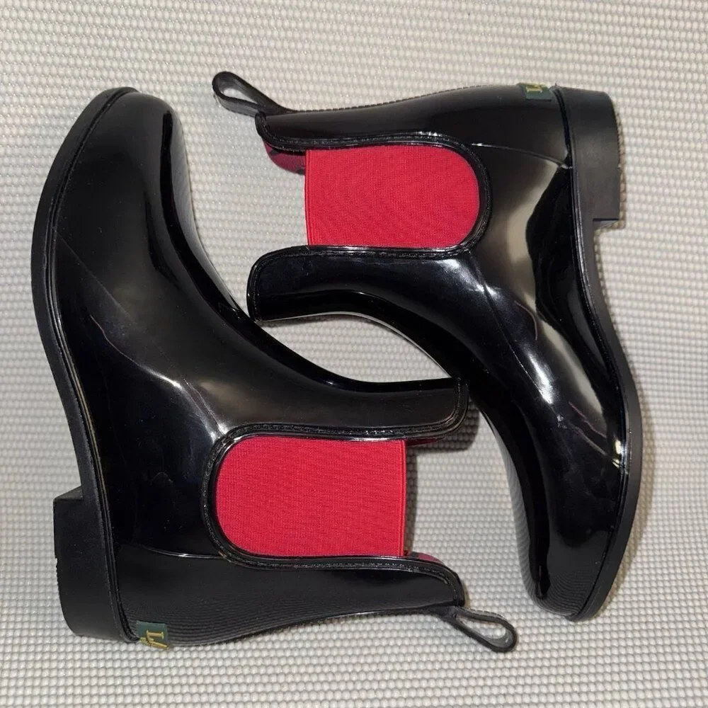 Lauren Ralph Lauren Tally Bo Rubber PVC Ankle Rain Chelsea Boots Black Size 8B